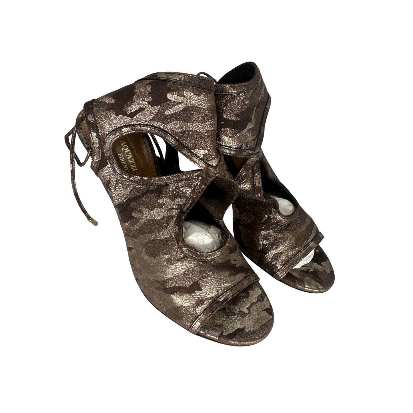 Aquazzura Sexy Thing 105 Metallic Camouflage Suede Cutout Sandal Women's Size 35