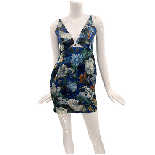 Zimmermann Floral V-Neck Esplanade Exposed Tuck Mini Dress Blue Women's Size 2