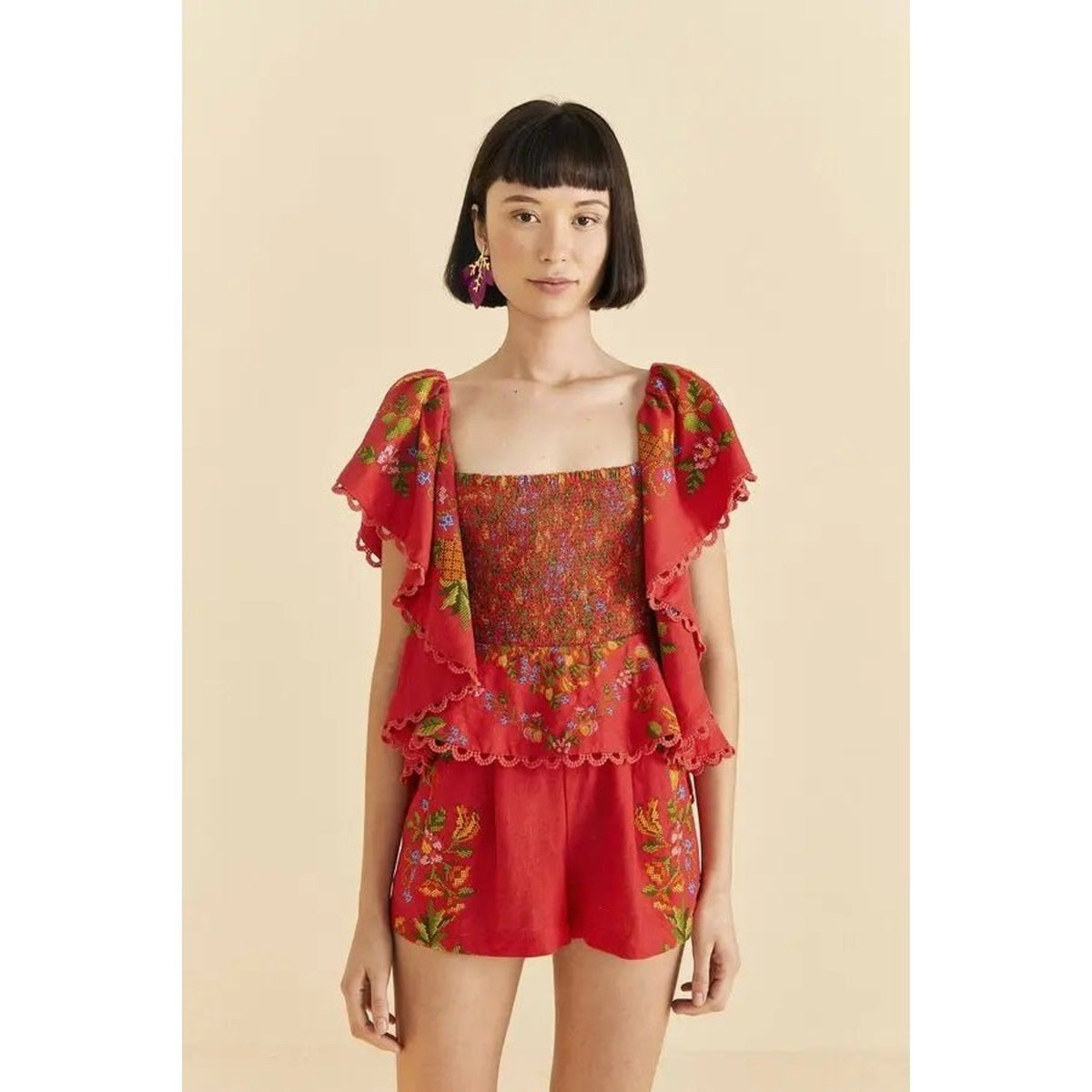 Farm Rio Red Ruffle Smocked Romper Tropical Romance Women's Size M
