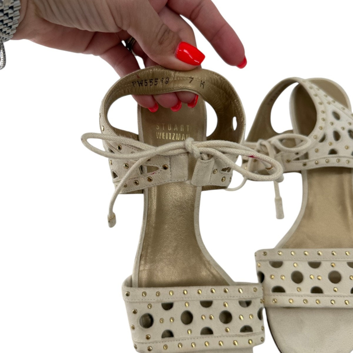 Stuart Weitzman Leather Cut-out Studded Georgie Sandals