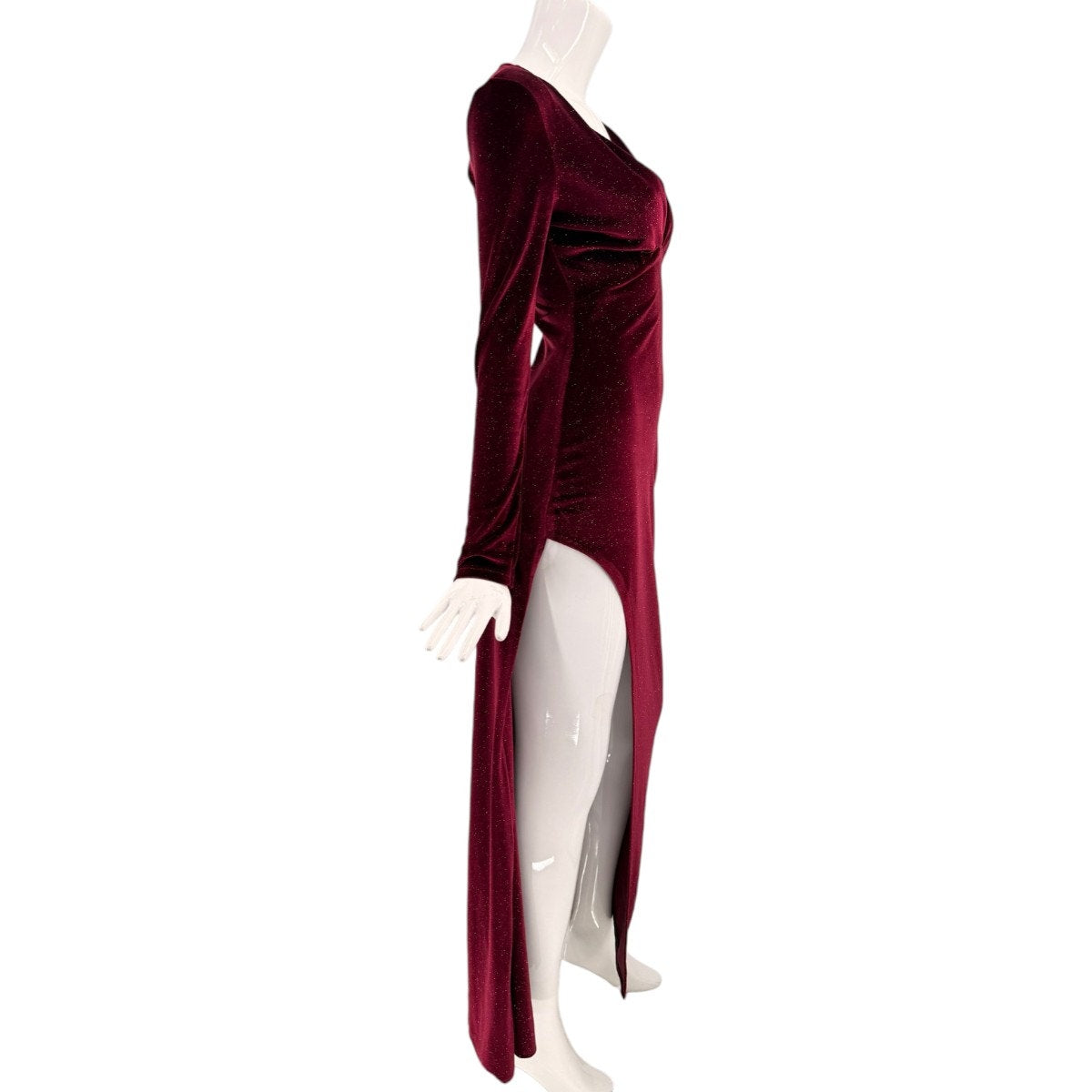 Bershka Special Edition Burgundy Velvet Long Sleeve Maxi Dress