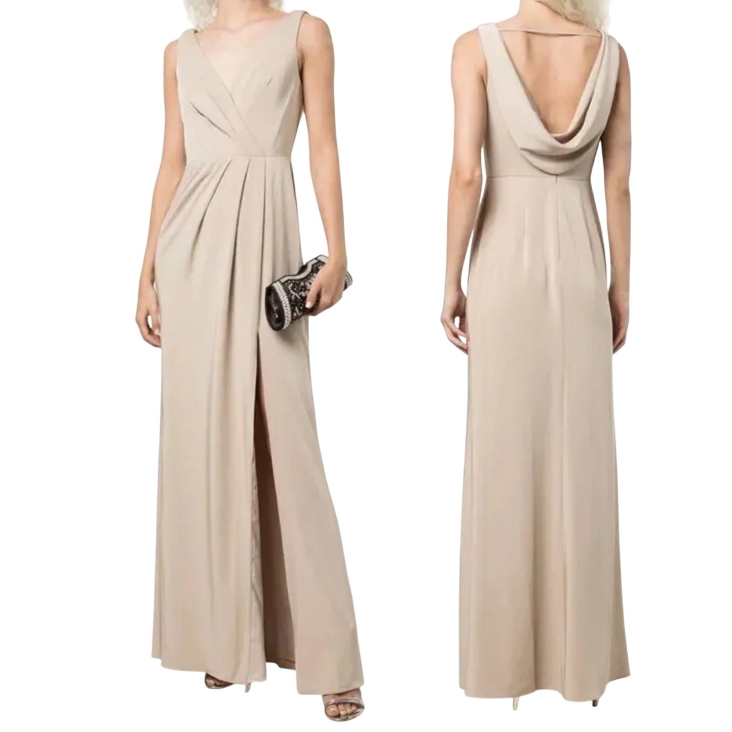 Marchesa Notte V-Neck Cowl Detail Sleeveless Maxi Gown Grey Women's Size 10