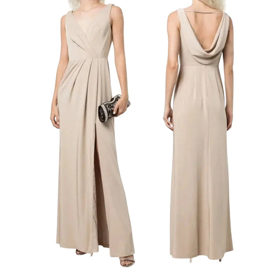 Marchesa Notte V-Neck Cowl Detail Sleeveless Maxi Gown Grey Women's Size 10