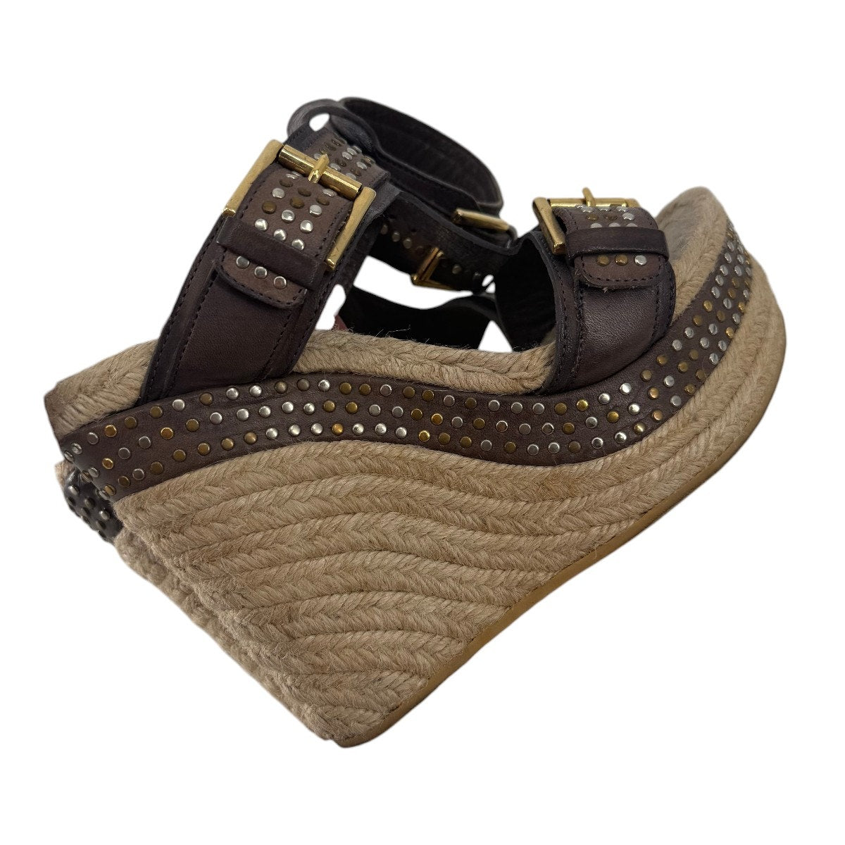 Alexander McQueen Leather Studded Platform Wedge Espadrille Brown Size 37