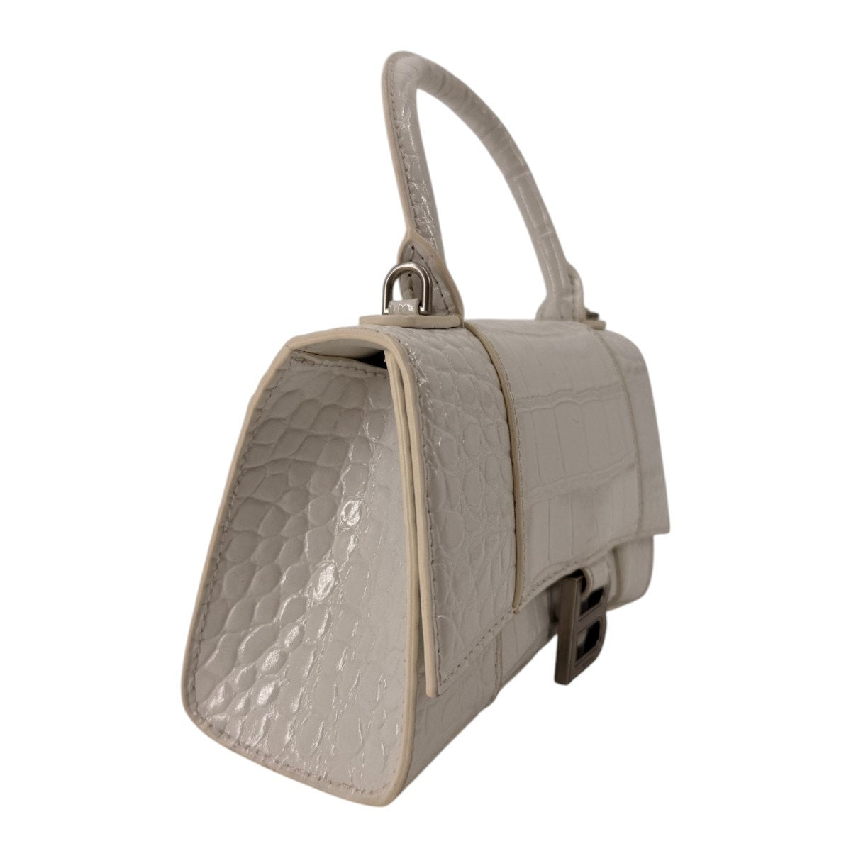 Balenciaga Hourglass Croc Embossed Leather Top Handle Bag White