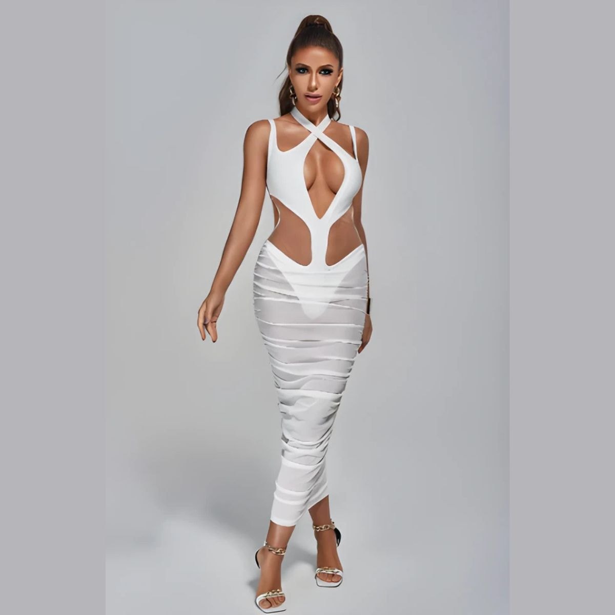 Sexy Alluring Ruched Mesh Cutout Bandage Midi Dress