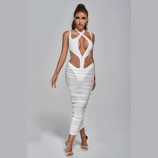 Sexy Alluring Ruched Mesh Cutout Bandage Midi Dress