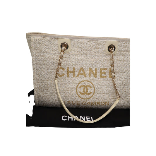 Chanel Raffia Deauville Glitter Logo Accent Tote Bag