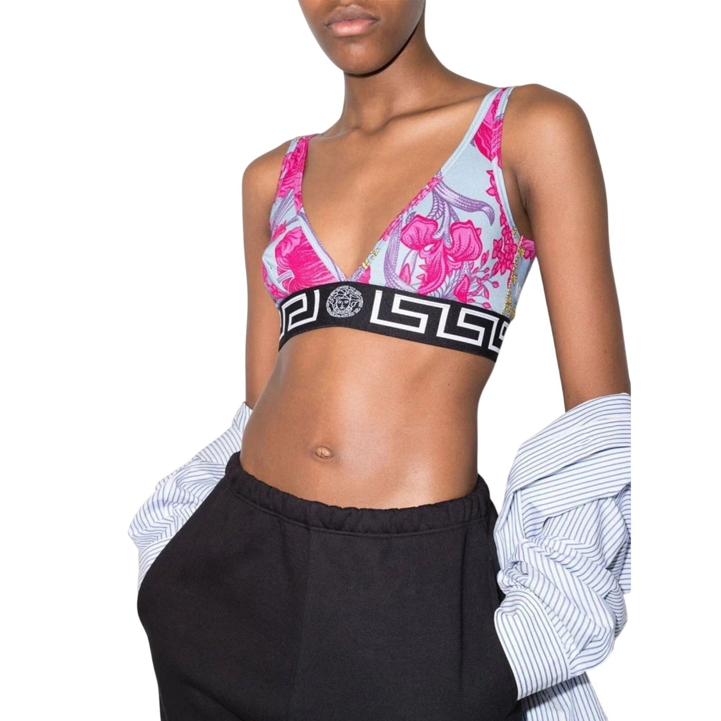 Versace Floral Print Greca Band V-Neck Sports Bra