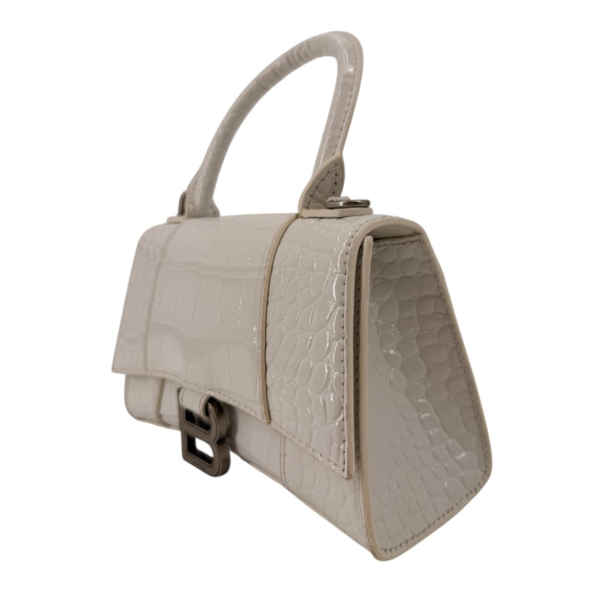 Balenciaga Hourglass Croc Embossed Leather Top Handle Bag White