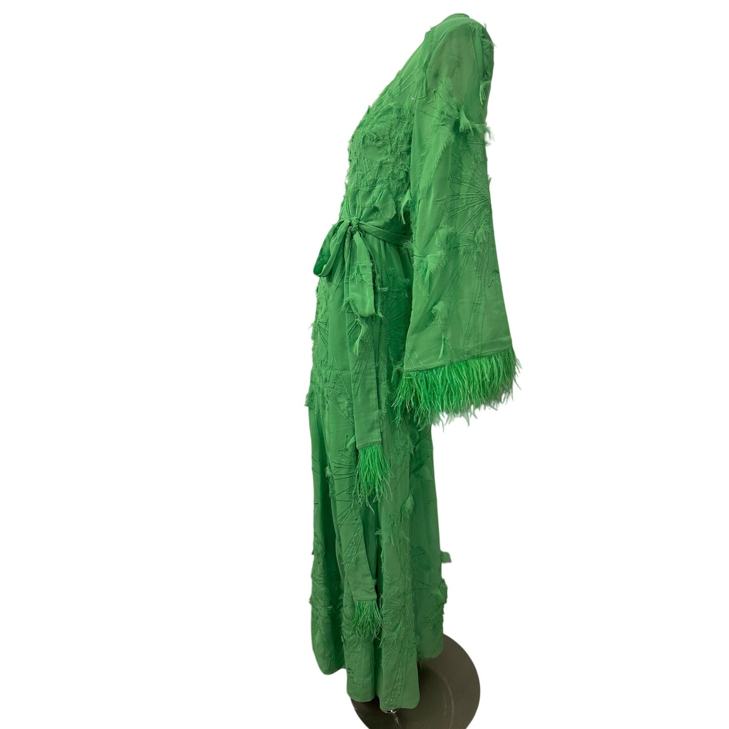 Alexis Kalin Feather Trim Long Sleeve Wrap Maxi Dress Green Women's Size S