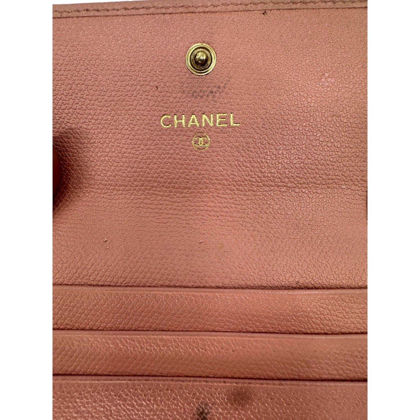 Chanel Blush Pink CC Logo Grained Calfskin Vintage Trifold Women Compact Wallet