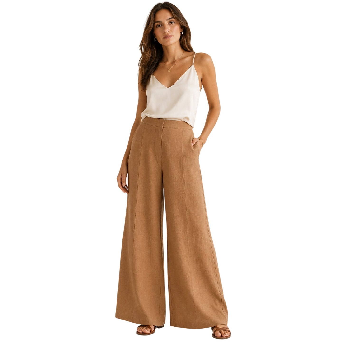 Padova Cala 100% Linen Wide Leg High Waist Trouser Pants Brown Size L / 12 New