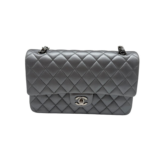 Chanel Leather Quilted Classic Double Flap CC Logo Medium Crossbody Bag Silver