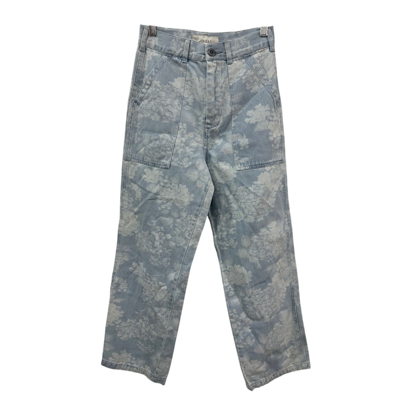The Great Light Blue Cotton Denim Floral Print Straight Jeans Women's