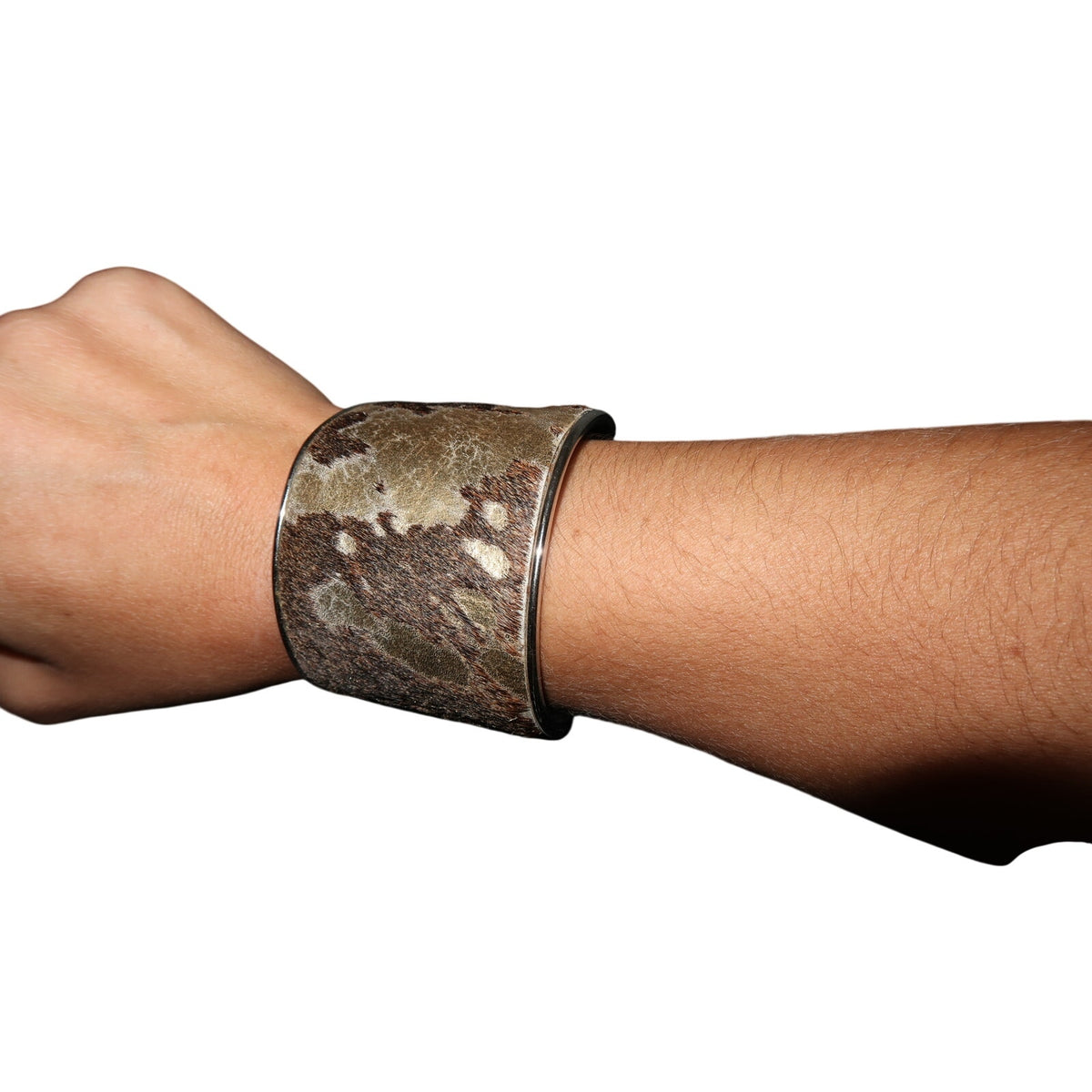 Cowhide Cuff Bracelet Wide Hair-On Hide Silver-Tone Metal Western Boho Statement