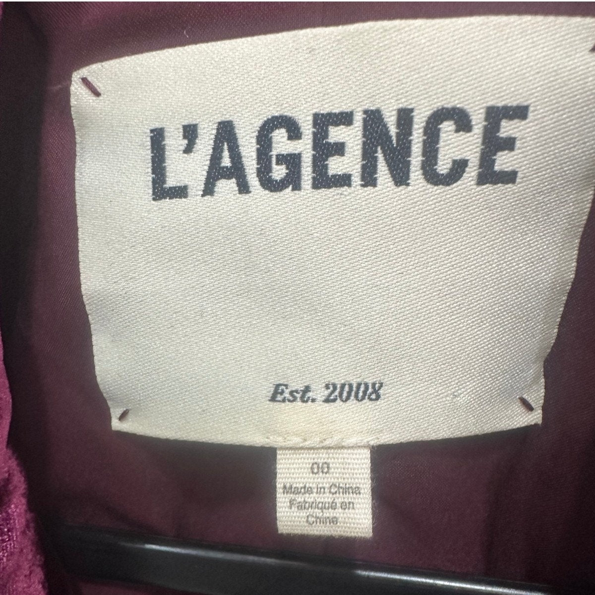 L'AGENCE Marie Silk Blend Double Breasted Velvet Blazer Dark Port Women's Sz 00