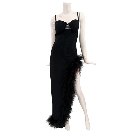 Fashion Nova Black Feather Trim Side Slit Bodycon Maxi Dress Women's Size Large