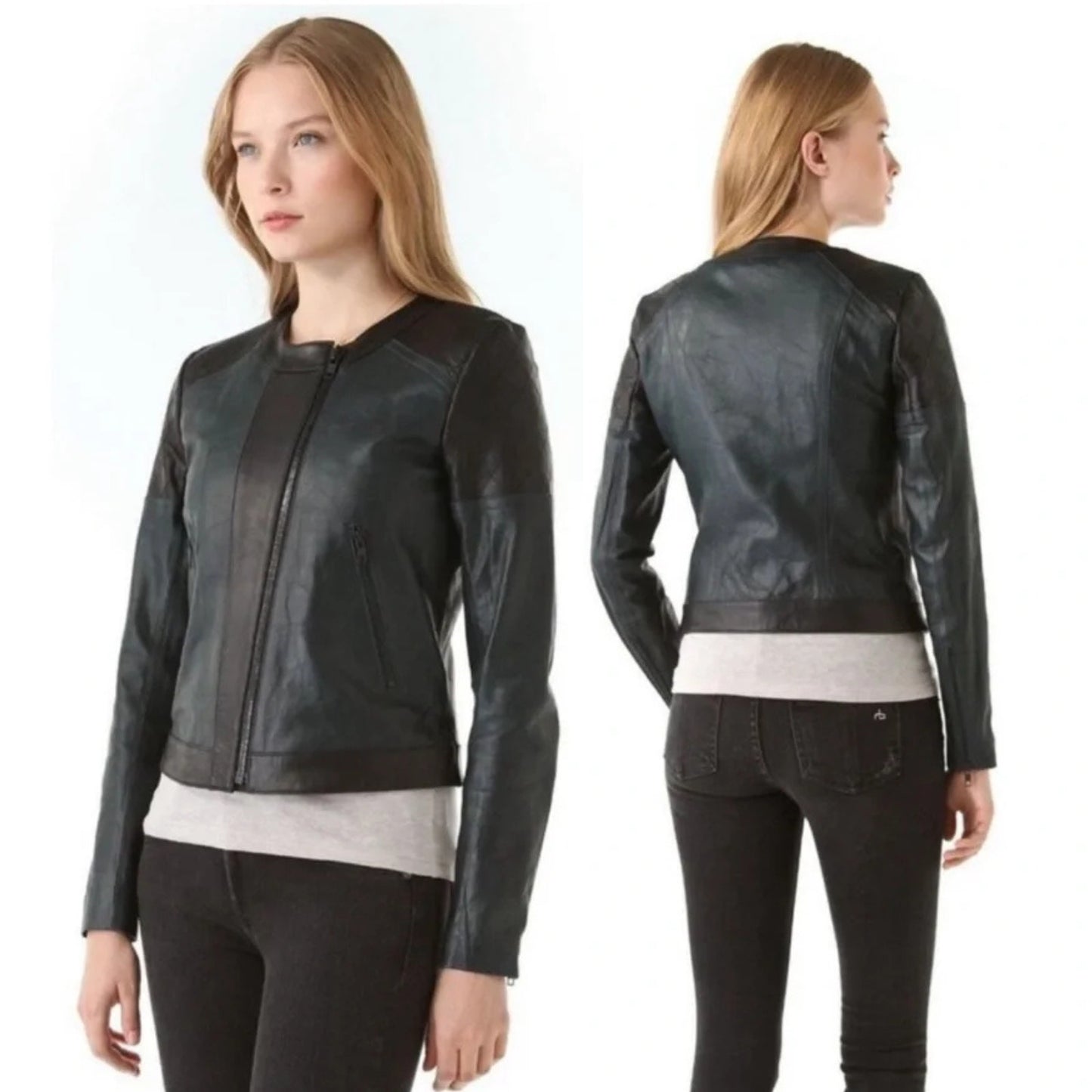 Theory Maisie Textured Hide Colorblack Lambskin Moto Jacket Peacock Black Size 0