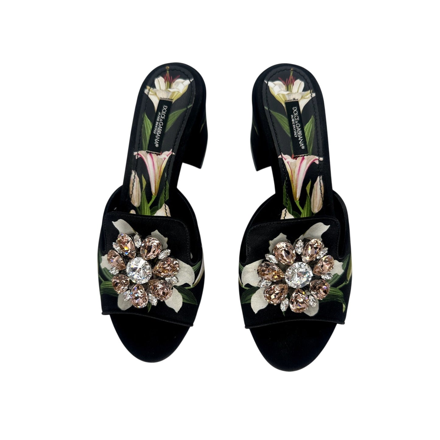 Dolce & Gabbana Satin Floral Print Crystal Low Heel Slide Sandals