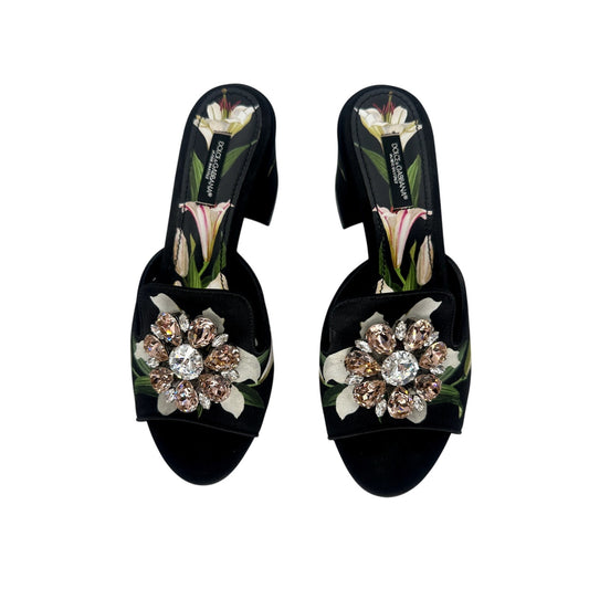 Dolce & Gabbana Satin Floral Print Crystal Low Heel Slide Sandals