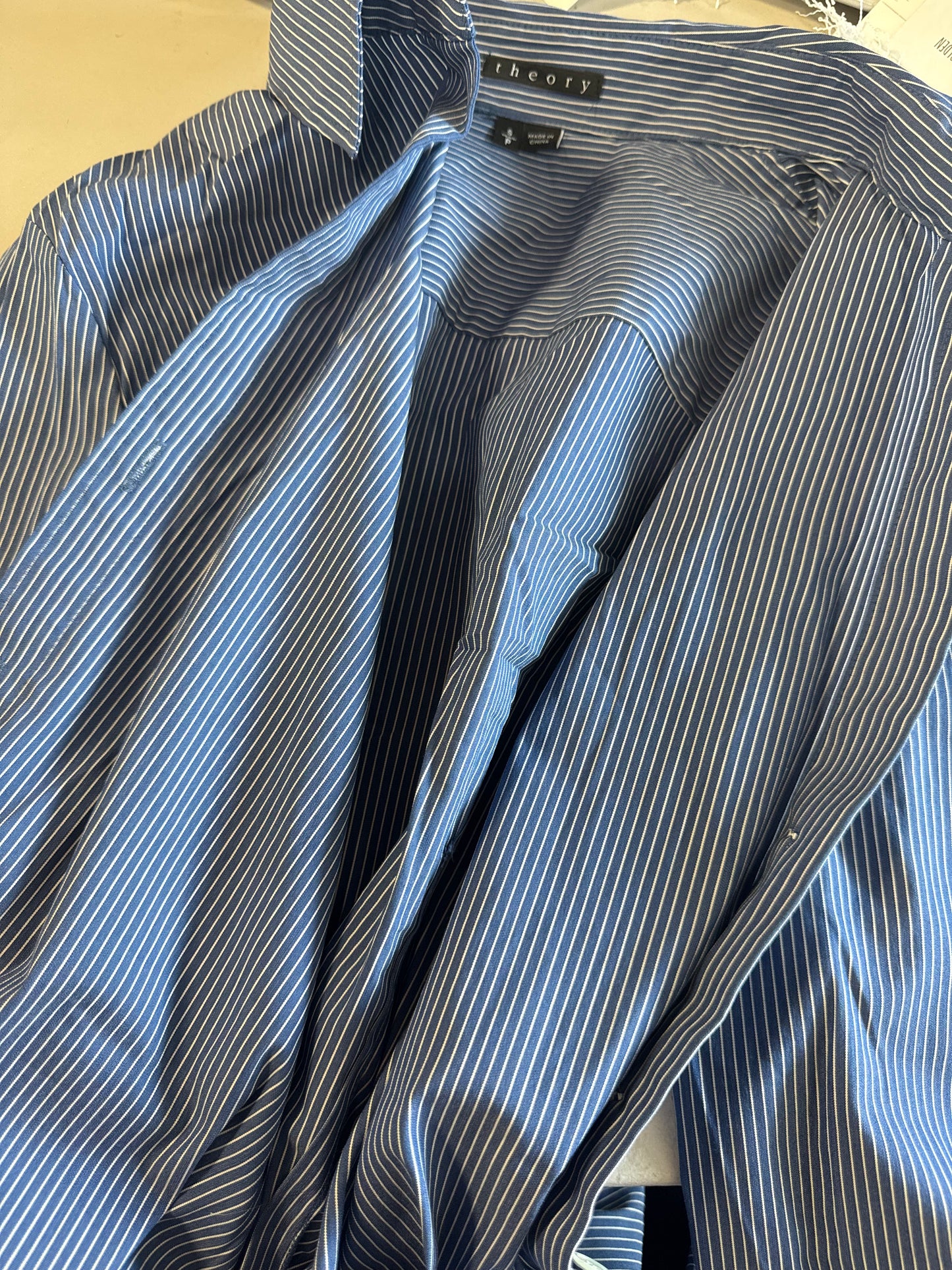 Theory blue striped button down blouse