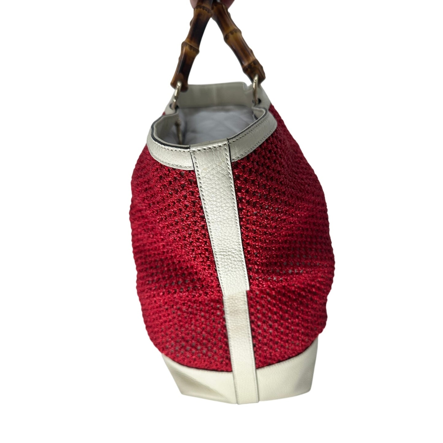 Gucci Raffia Straw Mesh Bamboo Handle Tote Bag