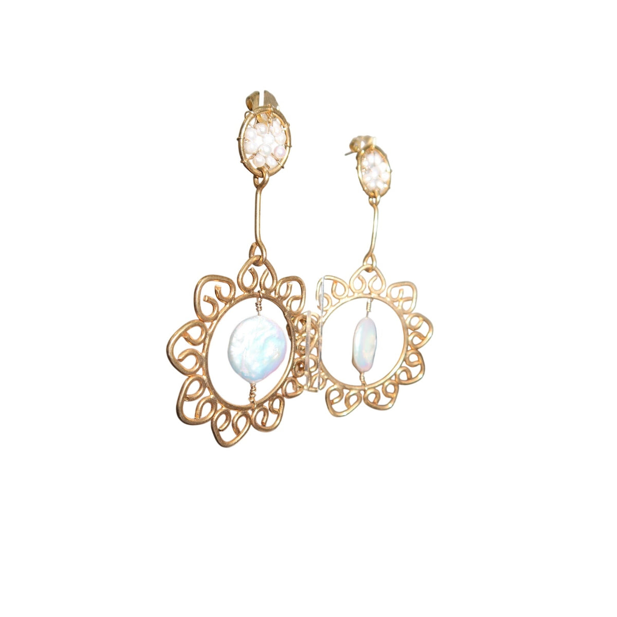 24K Gold Filled Pearl Flower Drop Earrings Handmade Lightweight