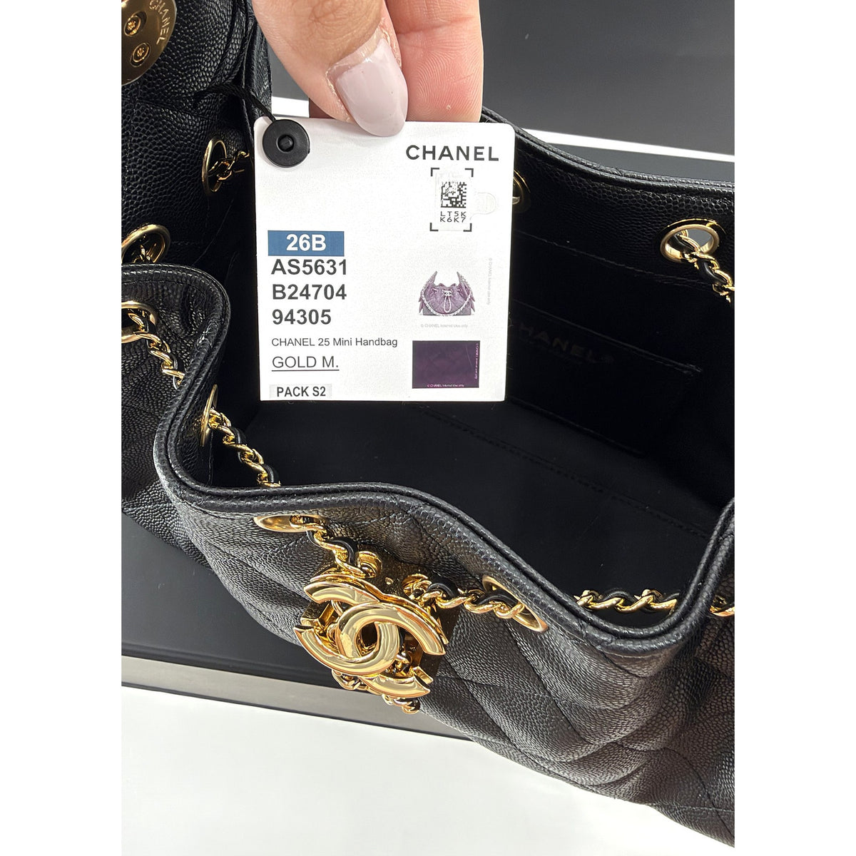 Chanel 25 Mini Black Caviar Gold Hardware Hobo Bag 26B AS5631 New Full Set