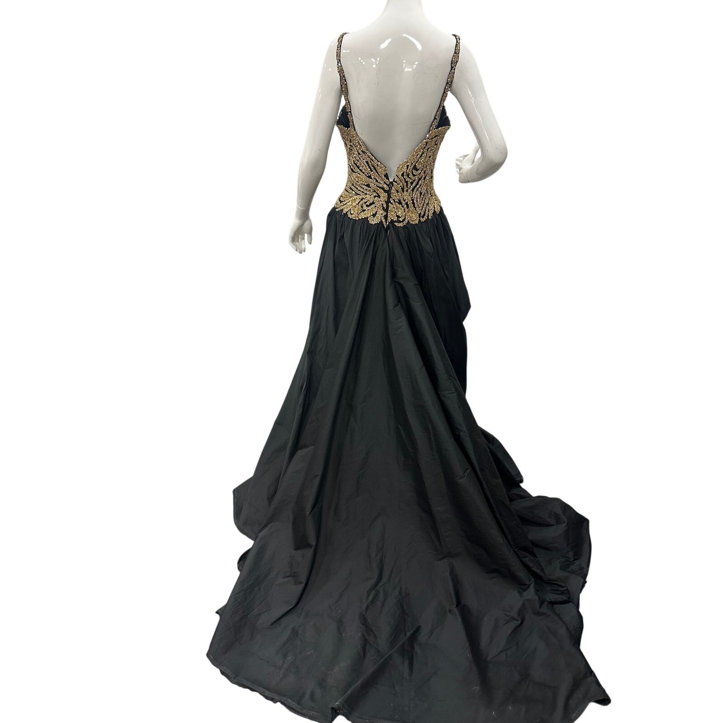NWT Sherri Hill Black Gold Beaded Fitted Ball Gown Overskirt Formal Dress