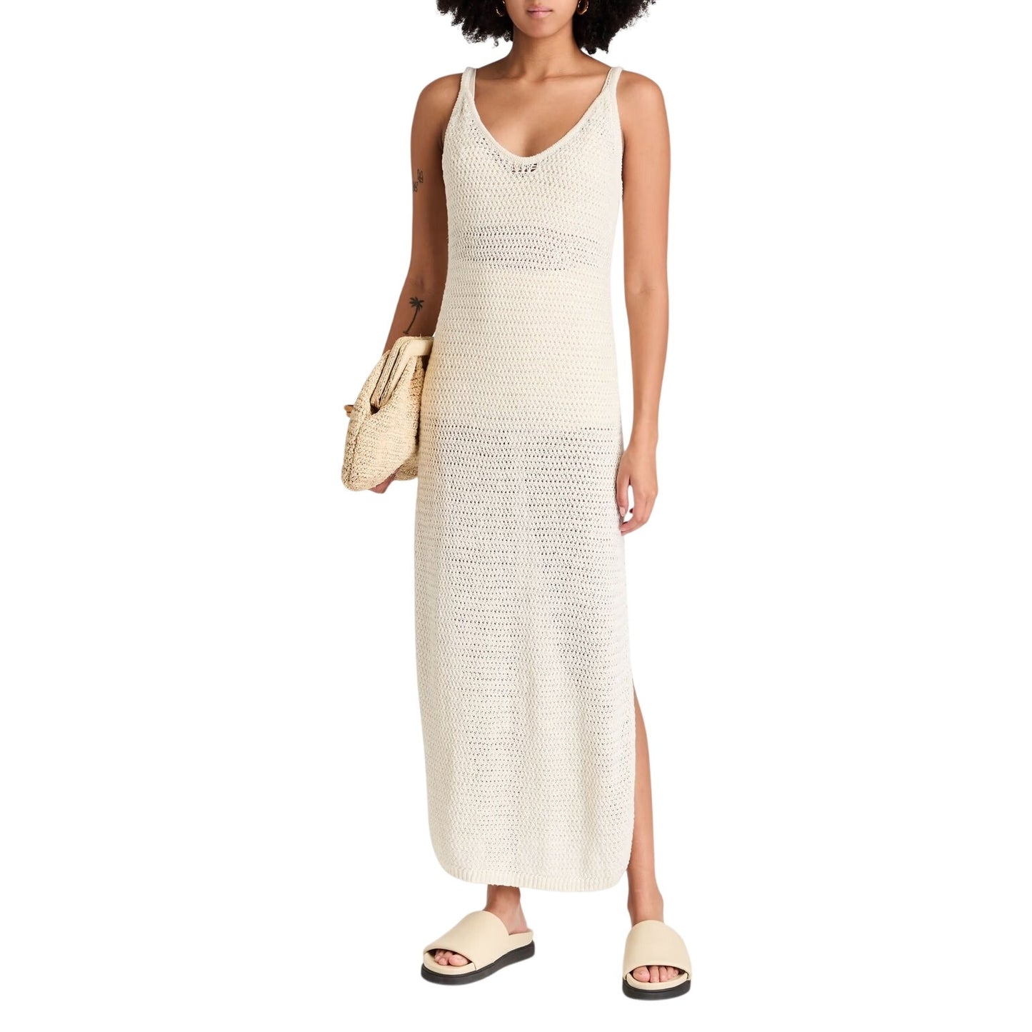 Enza Costa White Linen Ribbed Knit V-Neck Side Slit Maxi Dress Ecru Women's