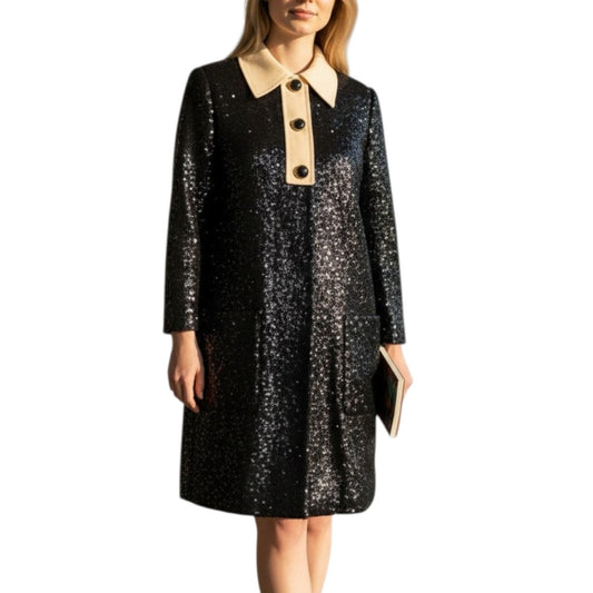 Miu Miu Sequined Collared Long Sleeve Mini Dress Black