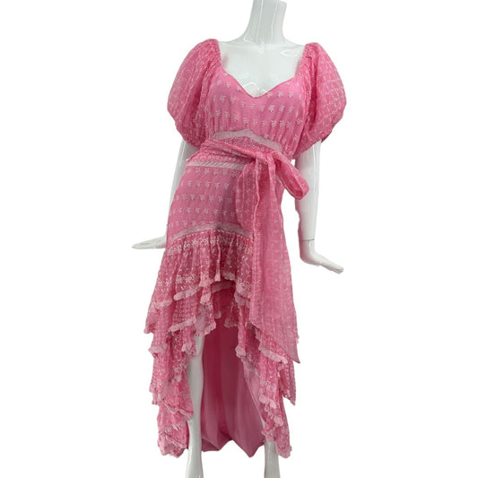 LoveShackFancy Silk Embroidered Ruffle Cayden Hi-Low Dress