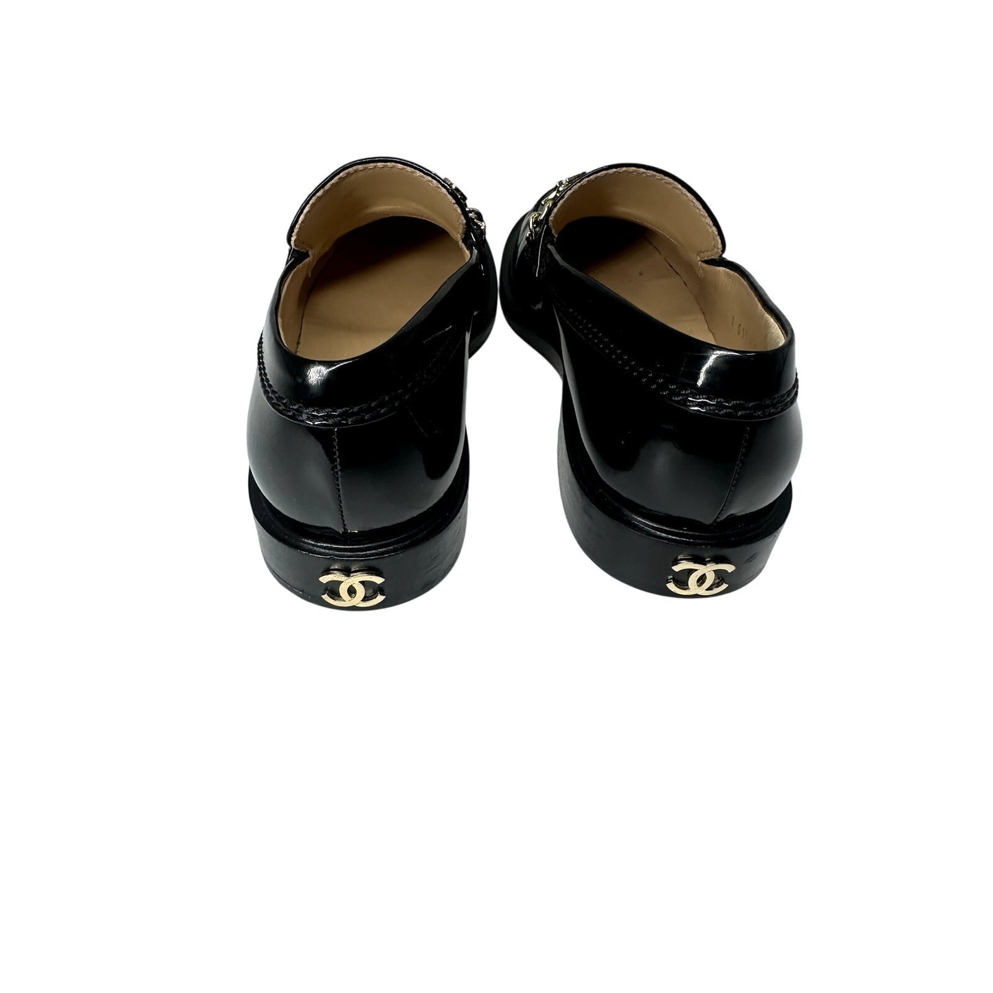 Chanel Patent Leather Logo Chain Flat Loafers