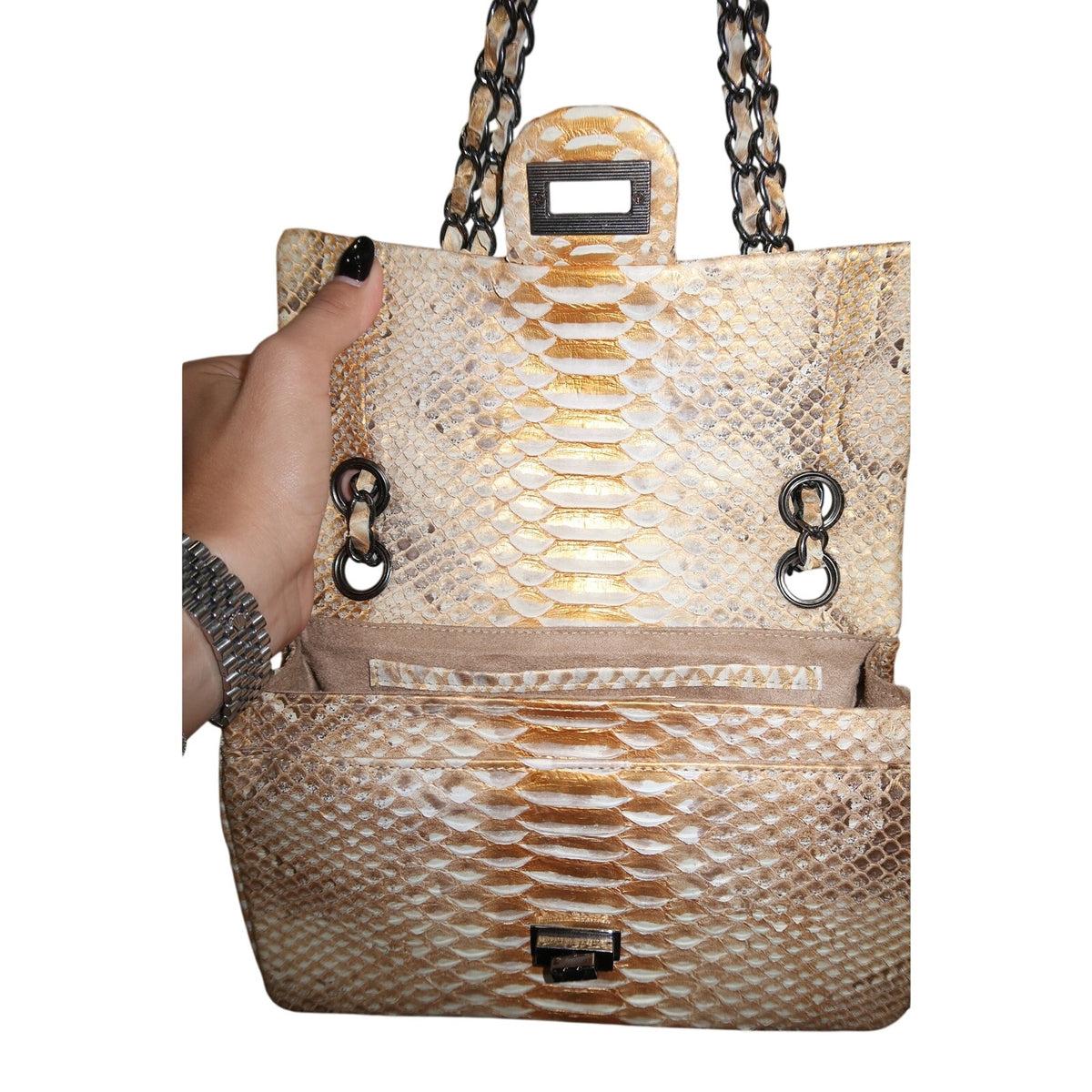 Toya Tan Gold Cream Python Snake Skin Designer Chain Shoulder Bag