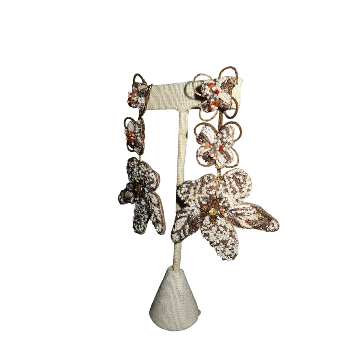 Flower Beaded Gold Cream Floral Chandelier Statement Earrings