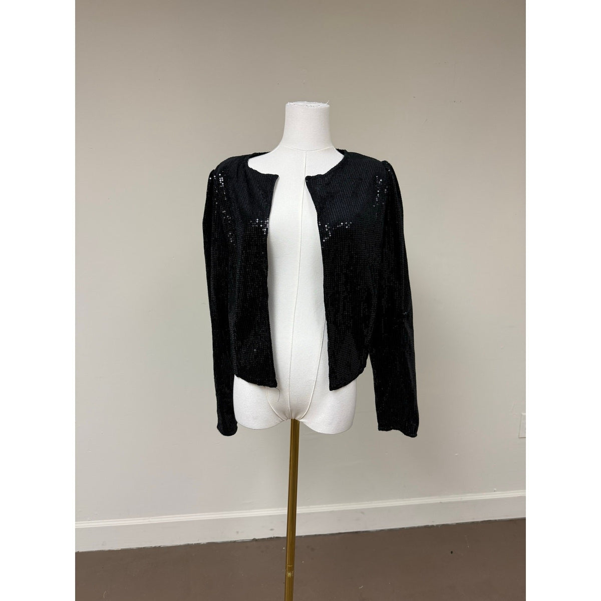 Fashion Women Black Sequined Sparkling Collarless Cardigan Jacket