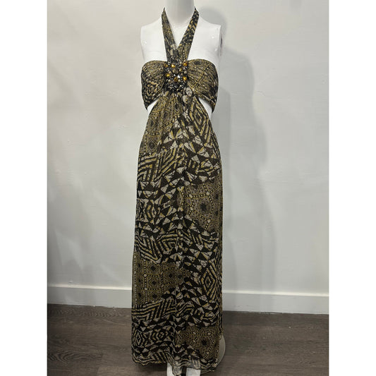BCBGMAXAZRIA Silk Blend Printed Rhinestone Accent Halter Maxi Dress Green Size 0