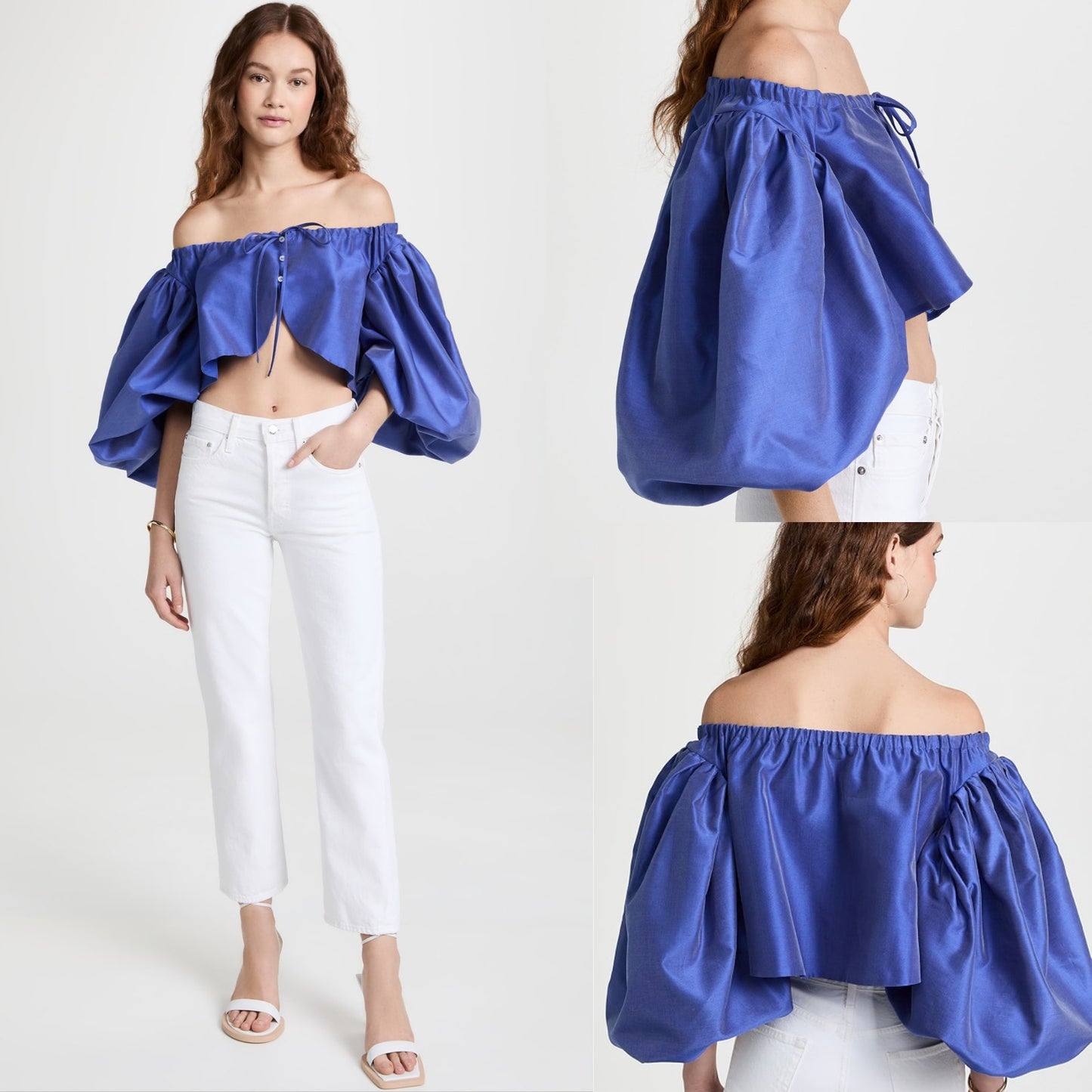 Rosie Assoulin Floaties Top Ocean Blue Off Shoulder Balloon Sleeve Crop Top