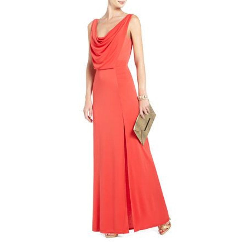 BCBGMAXAZRIA Lena Draped Scoop Back High Slit Maxi Evening Dress