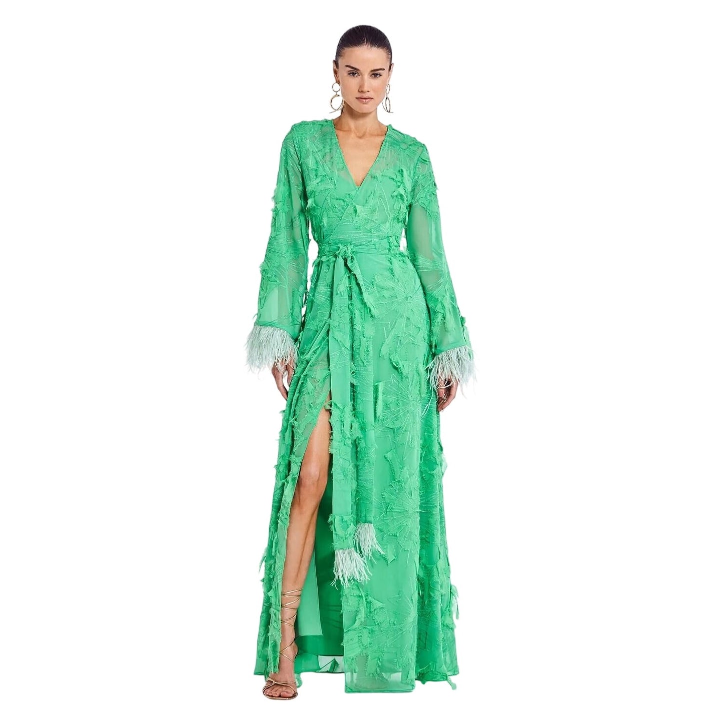 Alexis Kalin Feather Trim Long Sleeve Wrap Maxi Dress