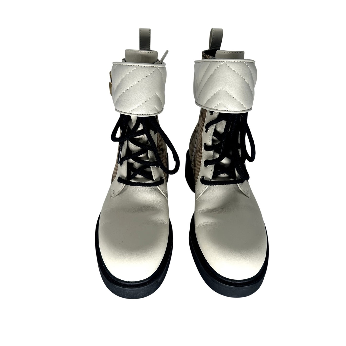 Gucci Leather GG Canvas Logo Plaque Ankle Combat Boots