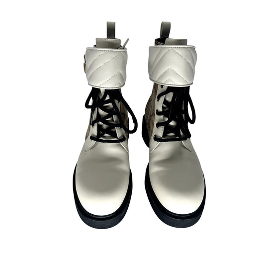 Gucci Leather GG Canvas Logo Plaque Ankle Combat Boots