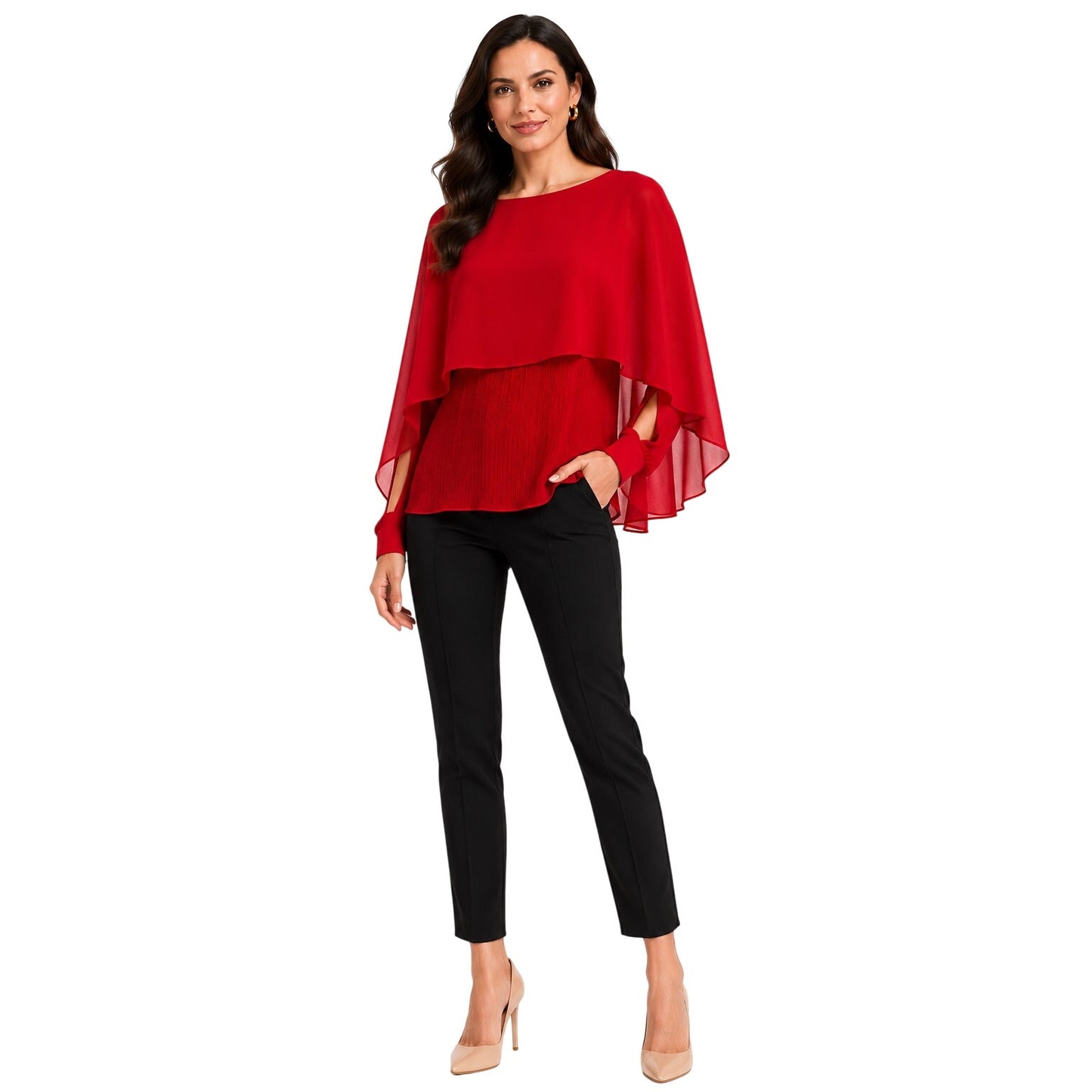 I Madeline Chiffon Layered Scoop Neck Long Sleeve Cape Blouse