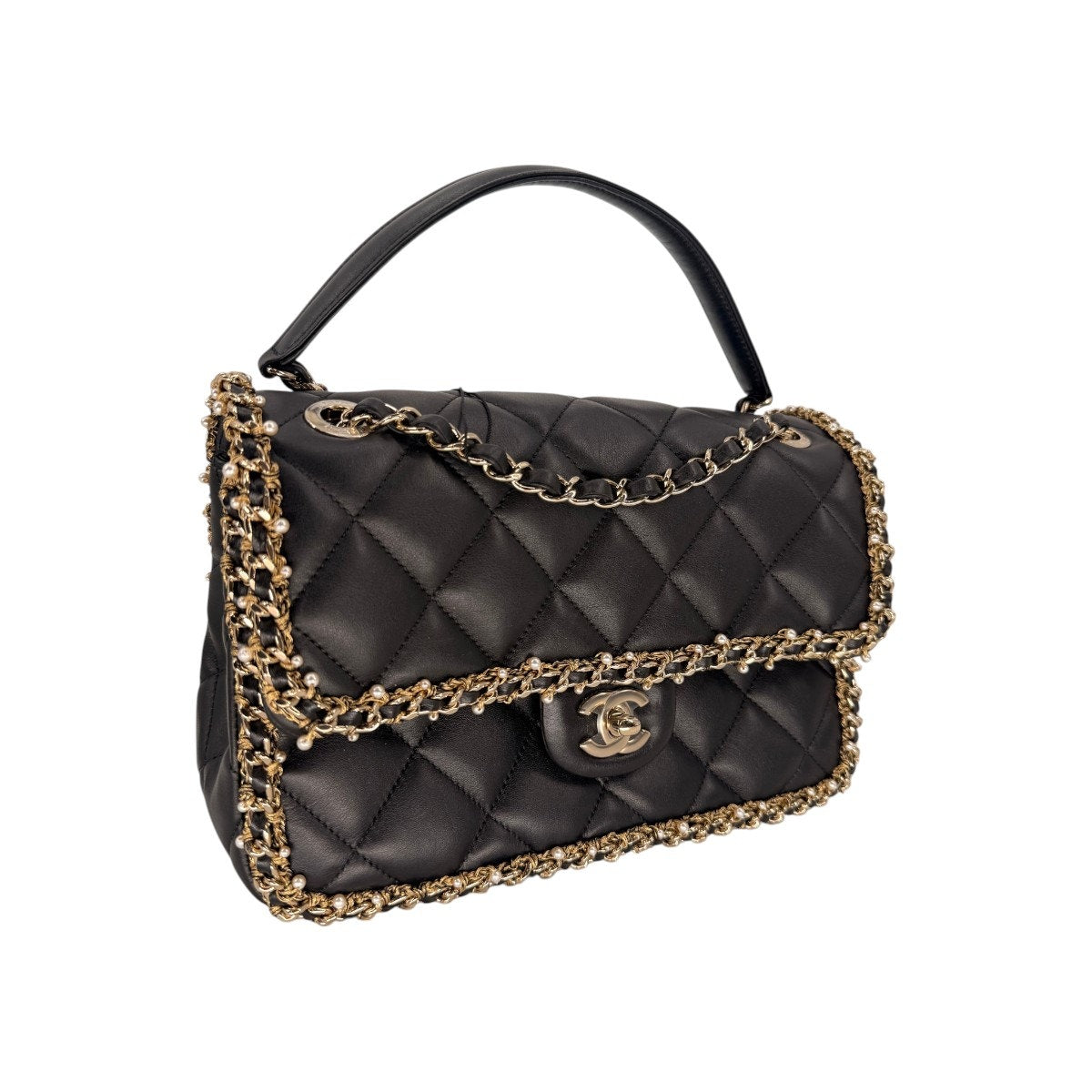 Chanel Leather Quilted CC Logo Pearl Chain Around Flap Shoulder Bag