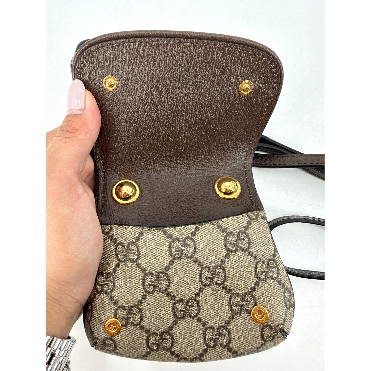 Gucci Blondie Mini GG Supreme Canvas Crossbody Bag Brown Gold Round G
