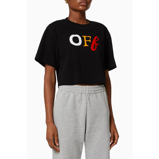 Off-White Cotton Typo Mix Crop Crew Neck T-Shirt