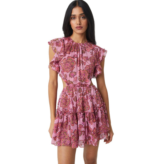 Misa Los Angeles Chiffon Floral Ruffle Pleated Shahdi Mini Dress Pink Size S