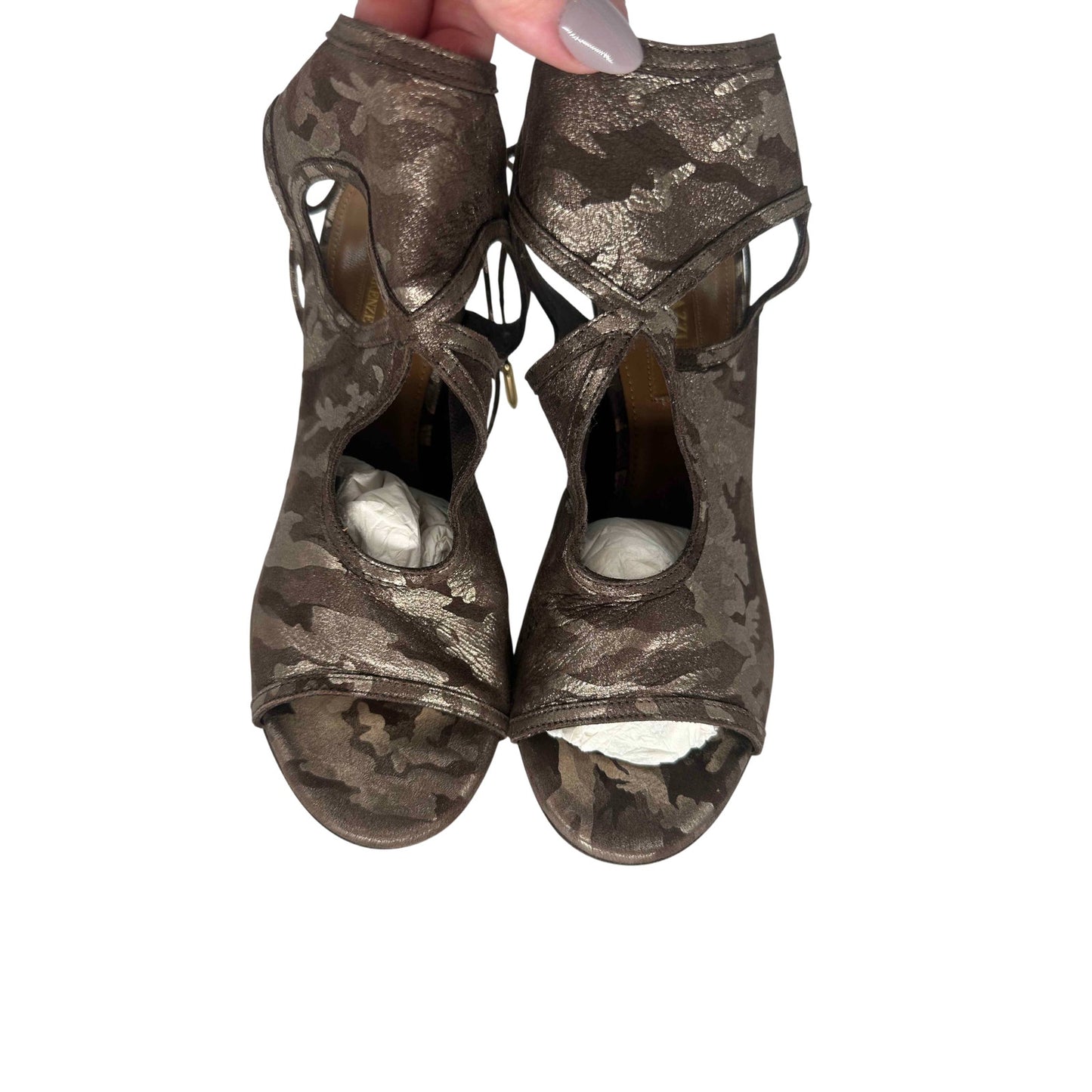 Aquazzura Sexy Thing 105 Metallic Camouflage Suede Cutout Sandal Women's Size 35