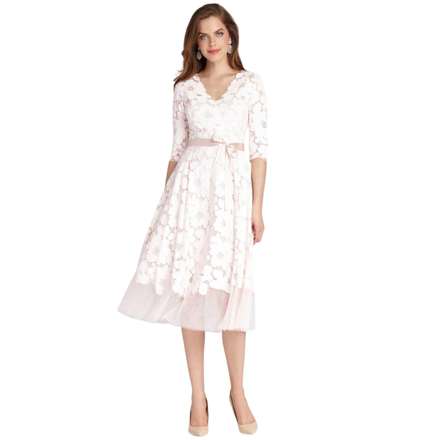 Rickie Freeman Teri Jon Blush Pink Lace Tulle Fit Flare Midi Dress